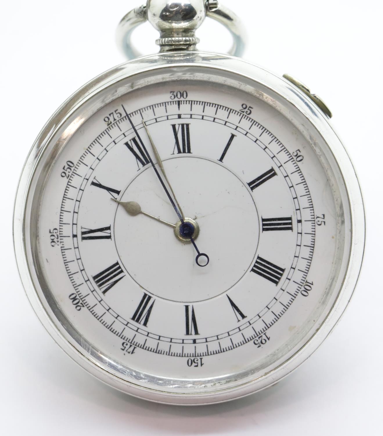 925 silver centre seconds chronograph pocket watch with roman numeral chapter ring open face key - Image 3 of 7