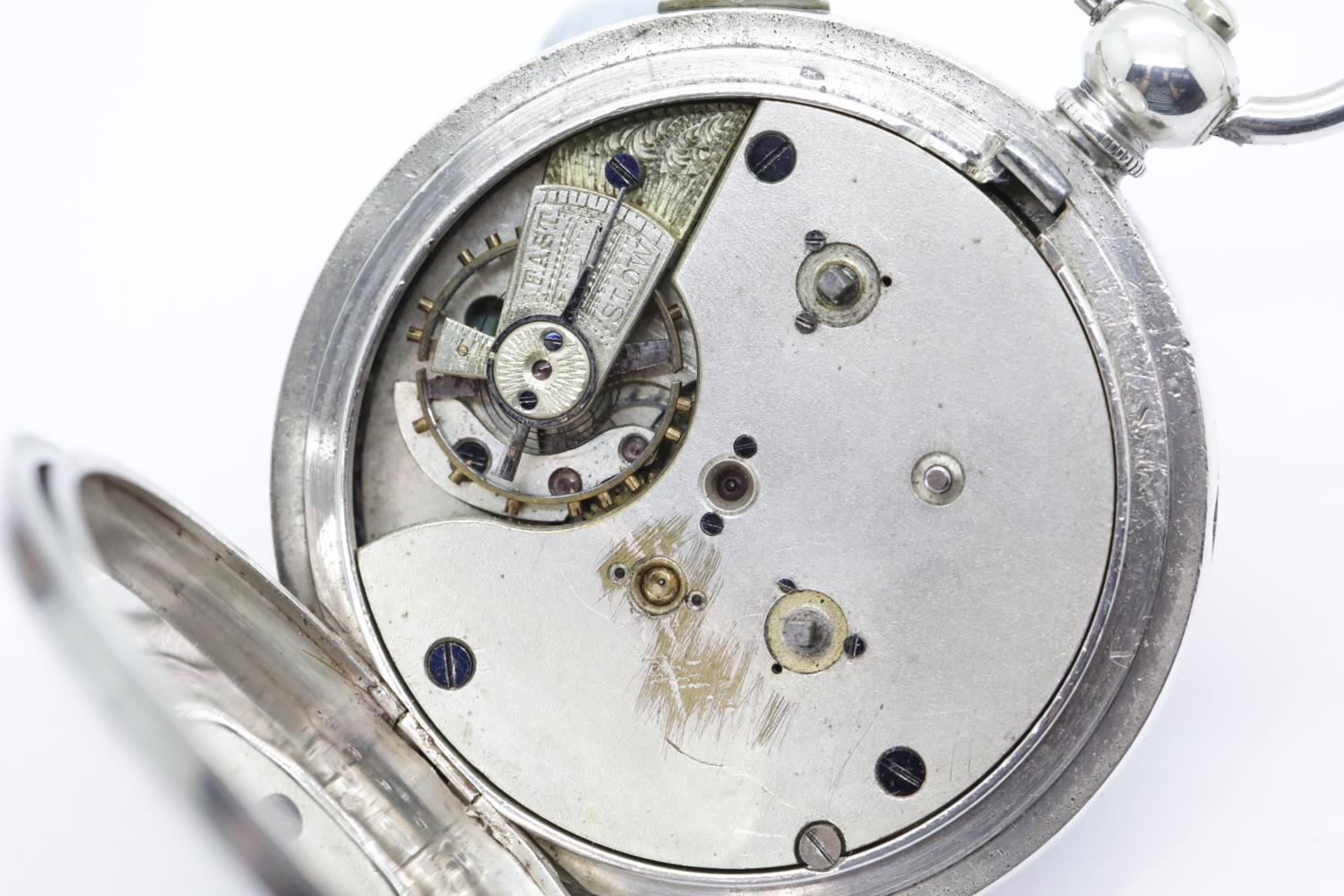 925 silver centre seconds chronograph pocket watch with roman numeral chapter ring open face key - Image 5 of 7