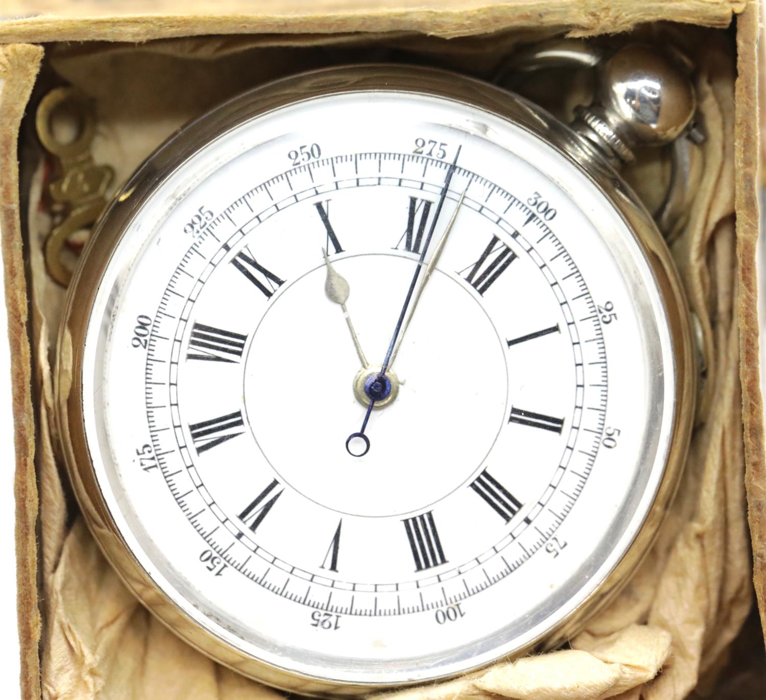 925 silver centre seconds chronograph pocket watch with roman numeral chapter ring open face key - Image 7 of 7