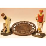 Two cast iron door stop figurines and a Coalbrookdale cast iron plaque. This lot is not available