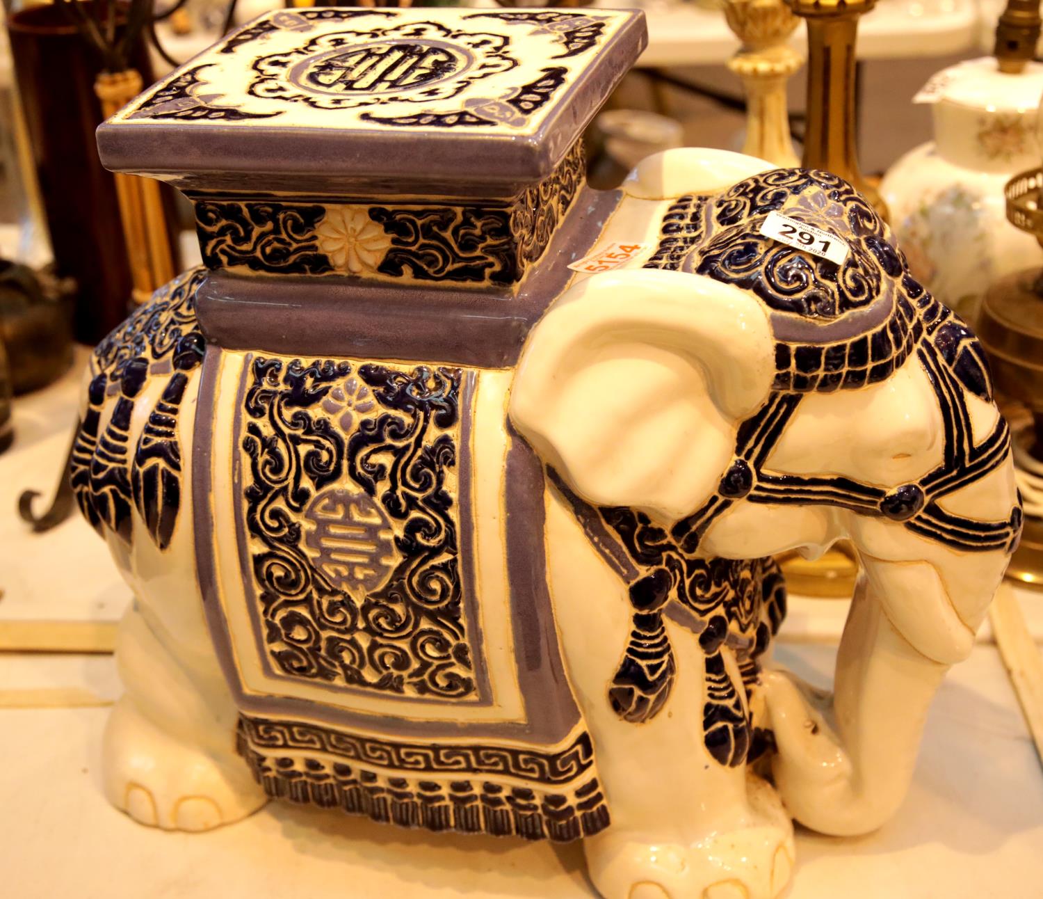 Large blue and white Oriental type ceramic elephant plant stand. This lot is not available for in-