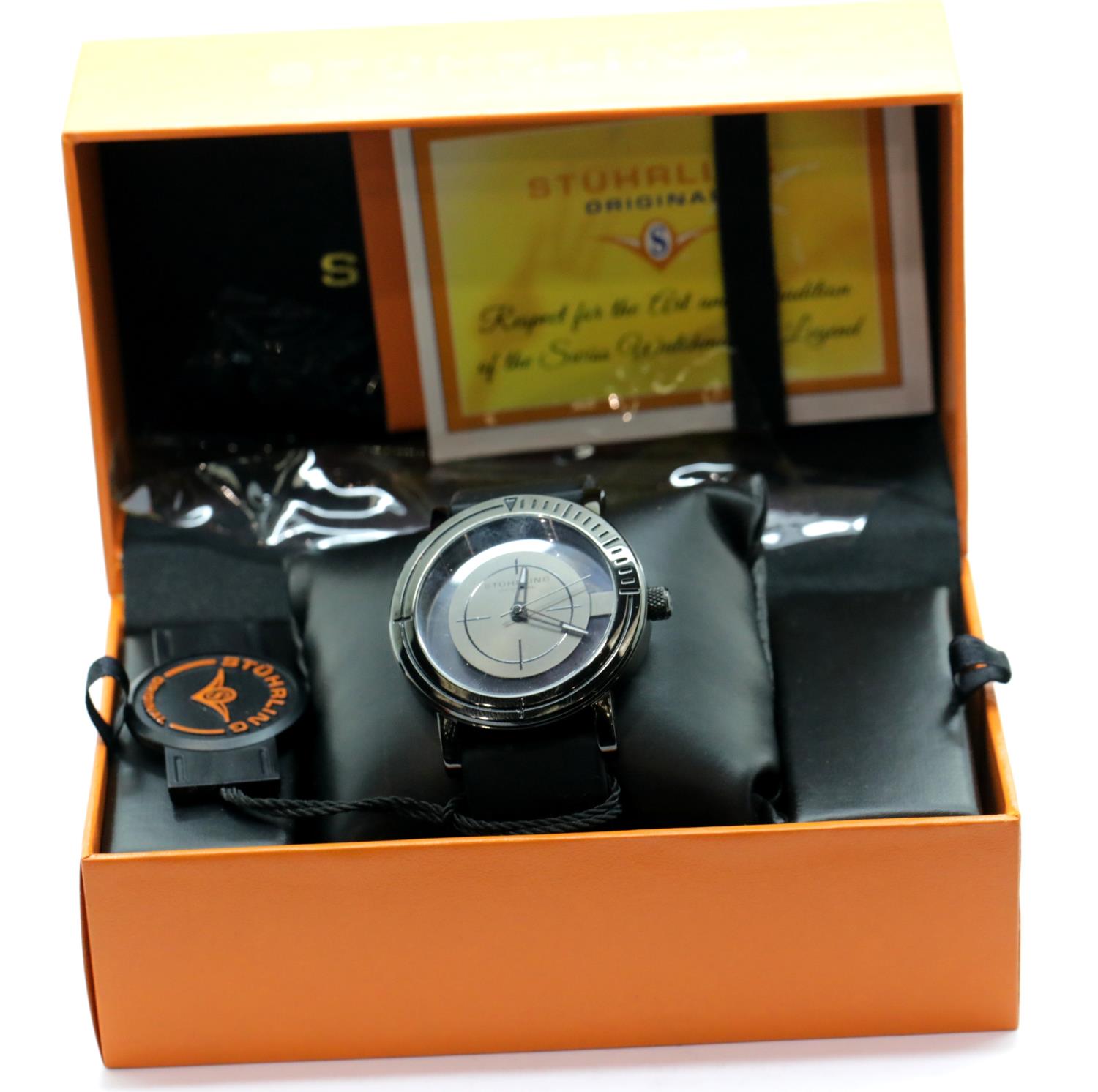 Boxed Stuhrling gents black metal wristwatch on a rubber strap. P&P Group 1 (£14+VAT for the first - Image 2 of 2