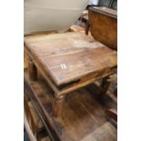 Continental hardwood square coffee table with wrought iron mounts and studded top, L: 60 cm. This