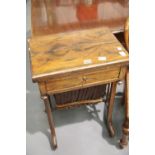 Victorian rosewood sewing box with turned stretcher and fold-over top, H: 76 cm. This lot is not