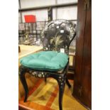 Victorian lacquered and mother-of-pearl inlaid bedroom chair with bergere panel seat (requires re-