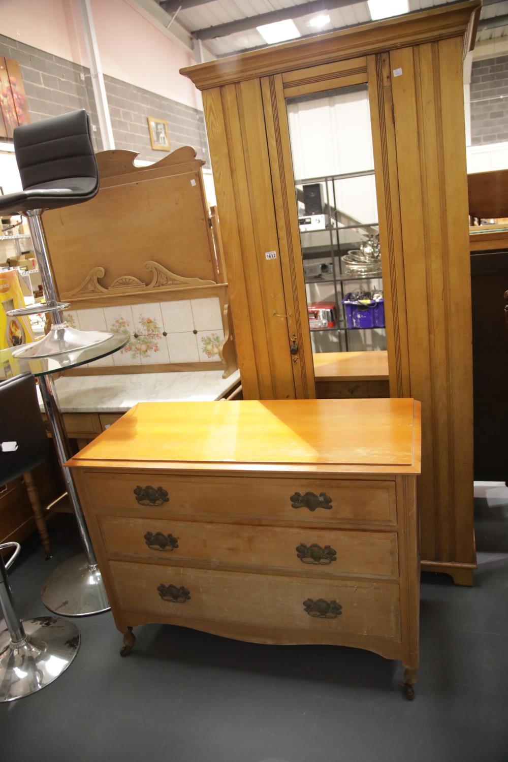 An Edwardian beech four piece bedroom suite, comprising a single door mirrored wardrobe, marble