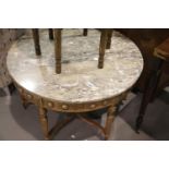 Large French circular inlaid kingwood table, with brass and porcelain panels, shaped understretchers