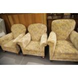 Three antique upholstered sitting room armchairs (2+1). This lot is not available for in-house P&P.