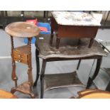 Collection of mixed furniture including a smokers stand with two drawerr, a table and a footstool.