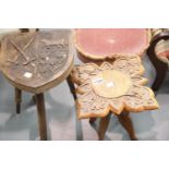 Two heavily carved top stools, one with coat of arms. This lot is not available for in-house P&P