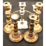 Pair of antique copper candlesticks, a barleytwist oak pair and a silver plated example. P&P Group 3