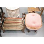 Antique oak stool with twin handle and turned stretchers and a plush pink bedroom stool. This lot is