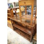 Large oak three shelf bookcase with lattice back a bedside table and a further table. This lot is