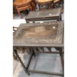 Antique stained oak side table with barley twist legs and heavily carved top and a further table.