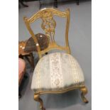 Gold painted hallway chair with pierced back and embroidered upholstered seat. This lot is not