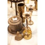 Mixed metalware to include a pewter biscuit barrel etc. This lot is not available for in-house P&P.