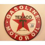 Cast iron Texaco circular sign, D: 20 cm. P&P Group 2 (£18+VAT for the first lot and £2+VAT for