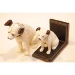 Pair of cast iron Nipper dog bookends and a small Nipper dog moneybox, bookends H: 11 cm, Nipper