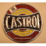 Cast iron Castrol circular sign, D: 20 cm. P&P Group 2 (£18+VAT for the first lot and £2+VAT for