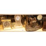 Shelf of mixed clocks. This lot is not available for in-house P&P