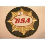 Cast iron BSA circular sign, D: 25 cm. P&P Group 2 (£18+VAT for the first lot and £2+VAT for