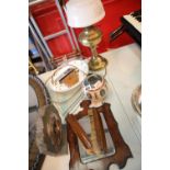 Collection of household items including barometer, table lamp, hall mirror, brush set etc. This