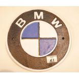 Cast iron BMW sign, D: 24 cm. P&P Group 2 (£18+VAT for the first lot and £2+VAT for subsequent lots)