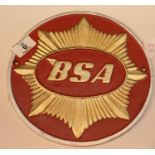 Cast iron circular BSA sign, D: 24 cm. P&P Group 2 (£18+VAT for the first lot and £2+VAT for