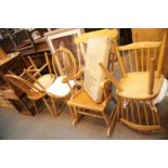 Five stickback beech dining chairs and a similar rocking chair. This lot is not available for in-