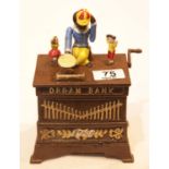 Cast iron Monkey on organ moneybox, H: 18 cm. P&P Group 3 (£25+VAT for the first lot and £5+VAT