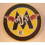 Cast iron AJS circular sign, D: 23 cm. P&P Group 2 (£18+VAT for the first lot and £2+VAT for