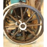 Pair of contemporary garden display wagon type wheels. This lot is not available for in-house P&P