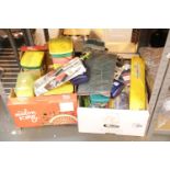 Two shelves of gardening and household electric including boxed garden light, mini weather van