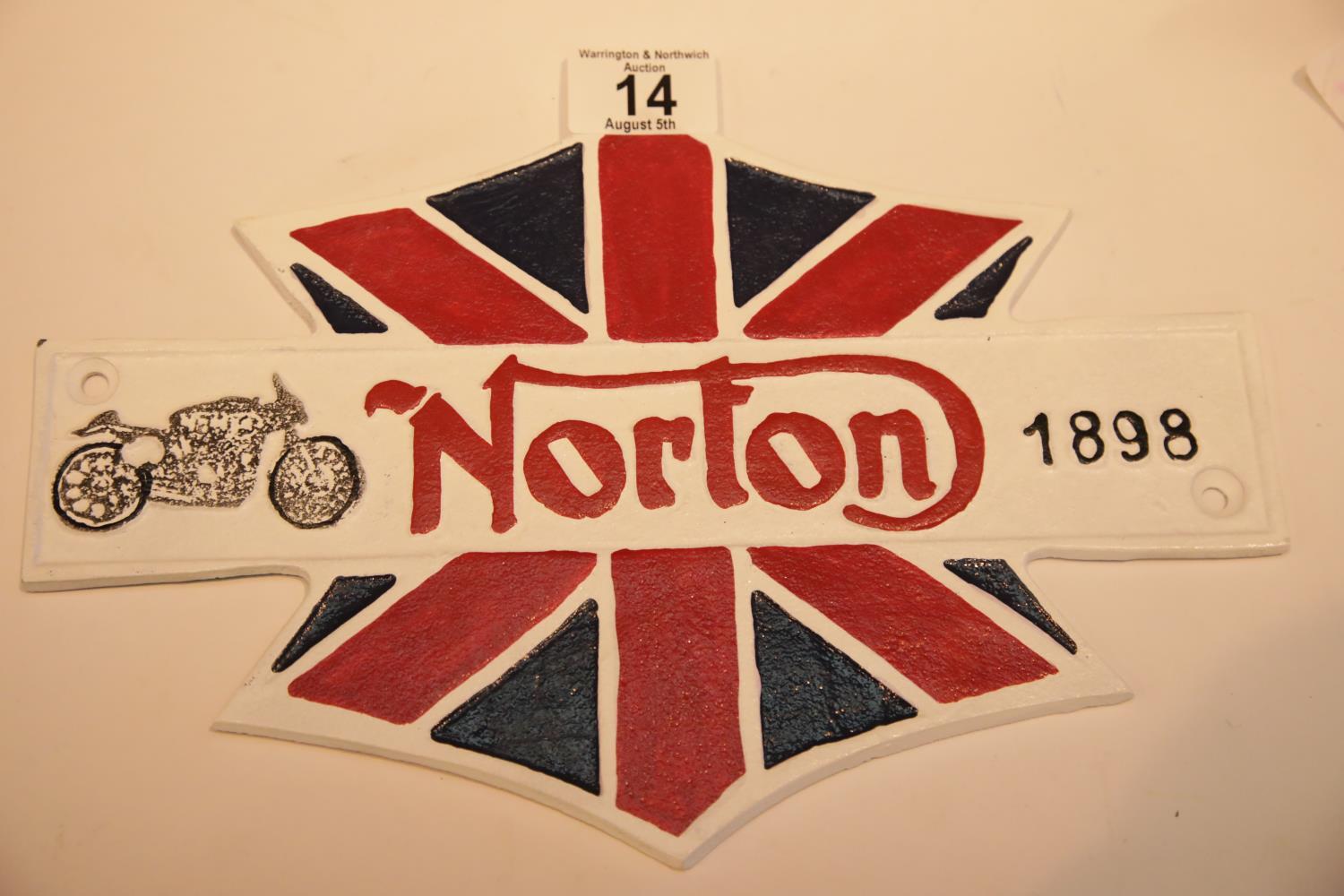 Cast iron Norton 1898 sign, 29 x 20 cm. P&P Group 2 (£18+VAT for the first lot and £2+VAT for