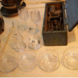 Mixed lot of metal and glassware including copper pans and vintage grinder. This lot is not