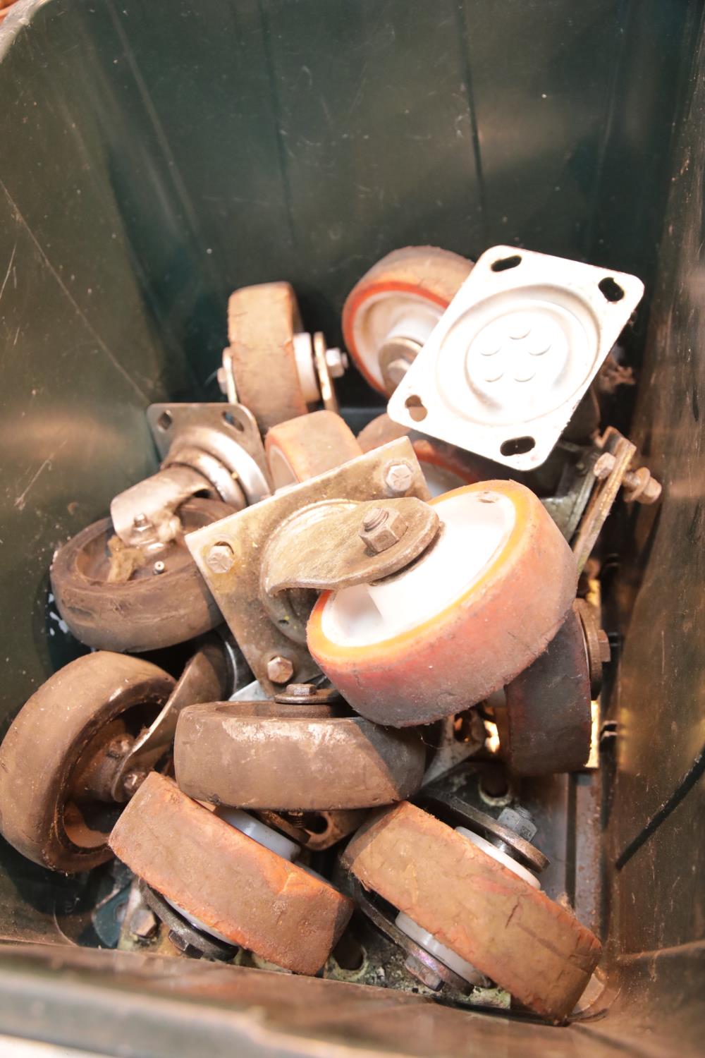 Box of heavy duty industrial castors with steel fitting plates. This lot is not available for in-