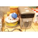 Portable 12v cooler, 32A commando socket and two wooden boxes. This lot is not available for in-