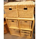 Pine effect unit with four wicker basket storage boxes and two matching lidded wicker boxes. This