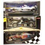 Three 1:18 scale boxed cars, Hotwheels Williams F1 Button, GT Racing Audi R8R LeMans 1999 and