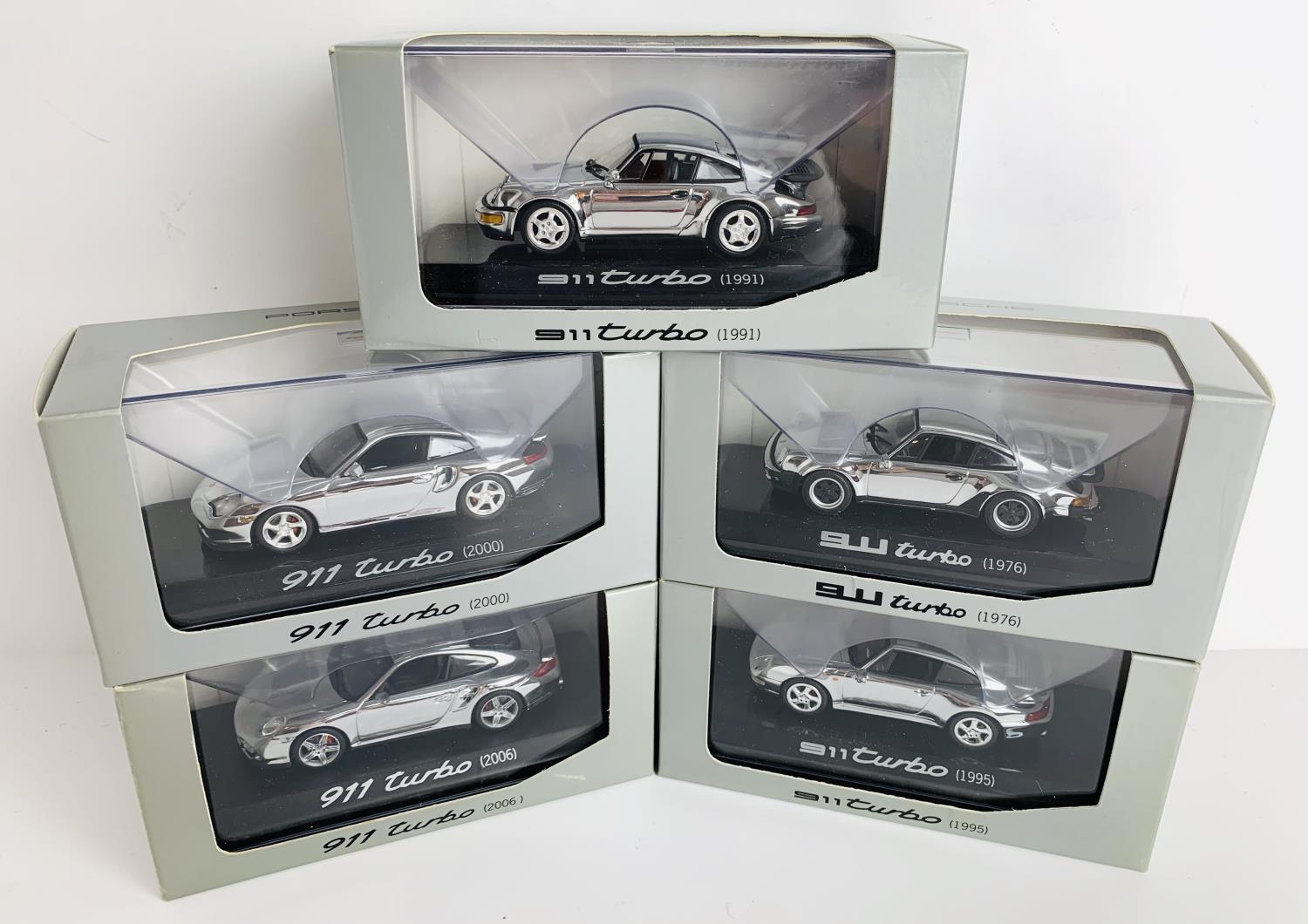 5x Minichamps 1:43 Scale 'Chrome Porsche 911 Turbo' - To Include: 1976, 1991, 1995, 2000, 2006 - All