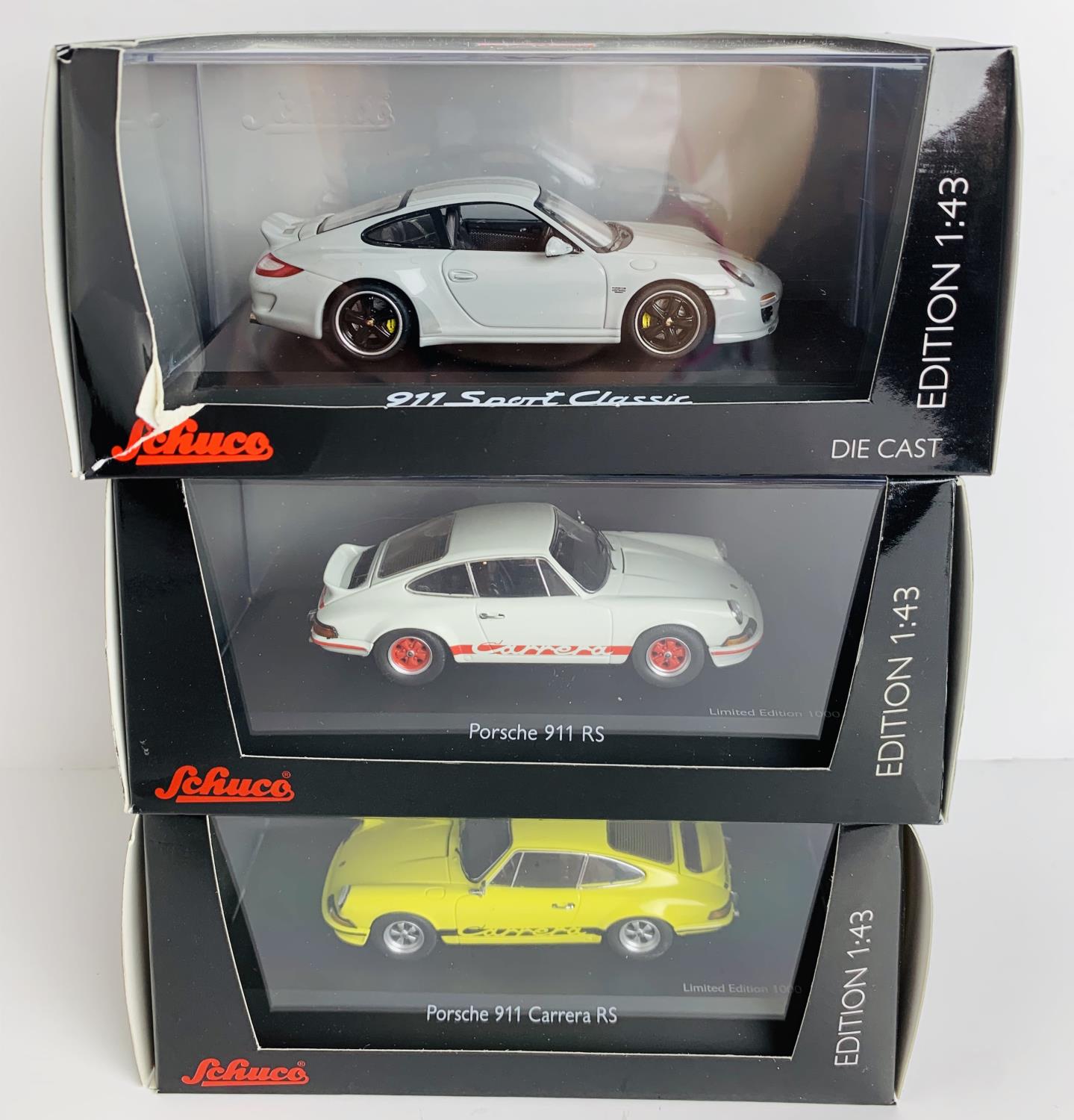 3x Schuco 1:43 Scale Porsche 911 RS White, Yellow, 911 Sport Classic - All Boxed. P&P Group 2 (£18+