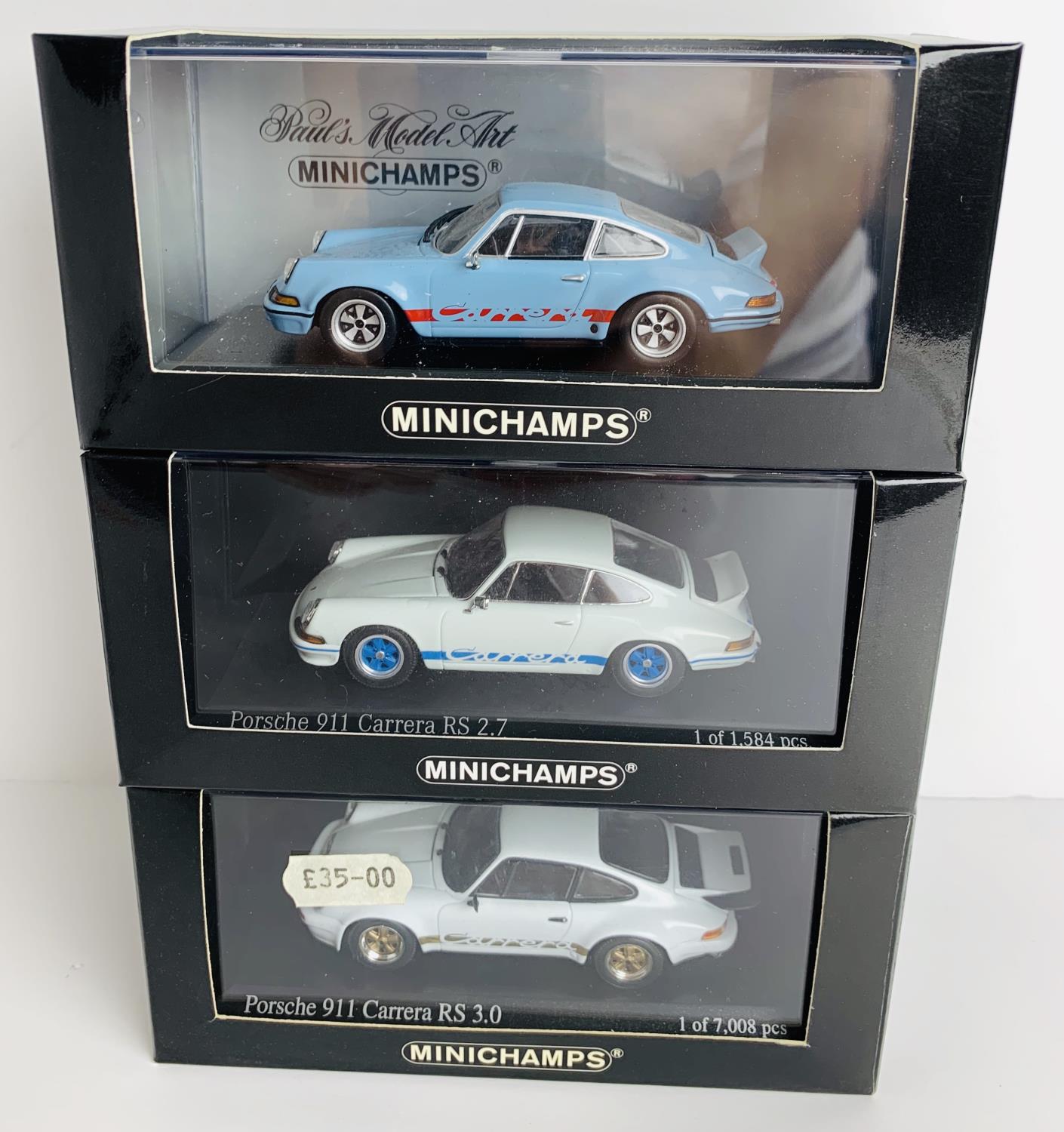 3x Minichamps 1:43 Scale Porsche 911's - To Include: Carrera RSR 2.8 Blue, Carrera RS 2.7 White,