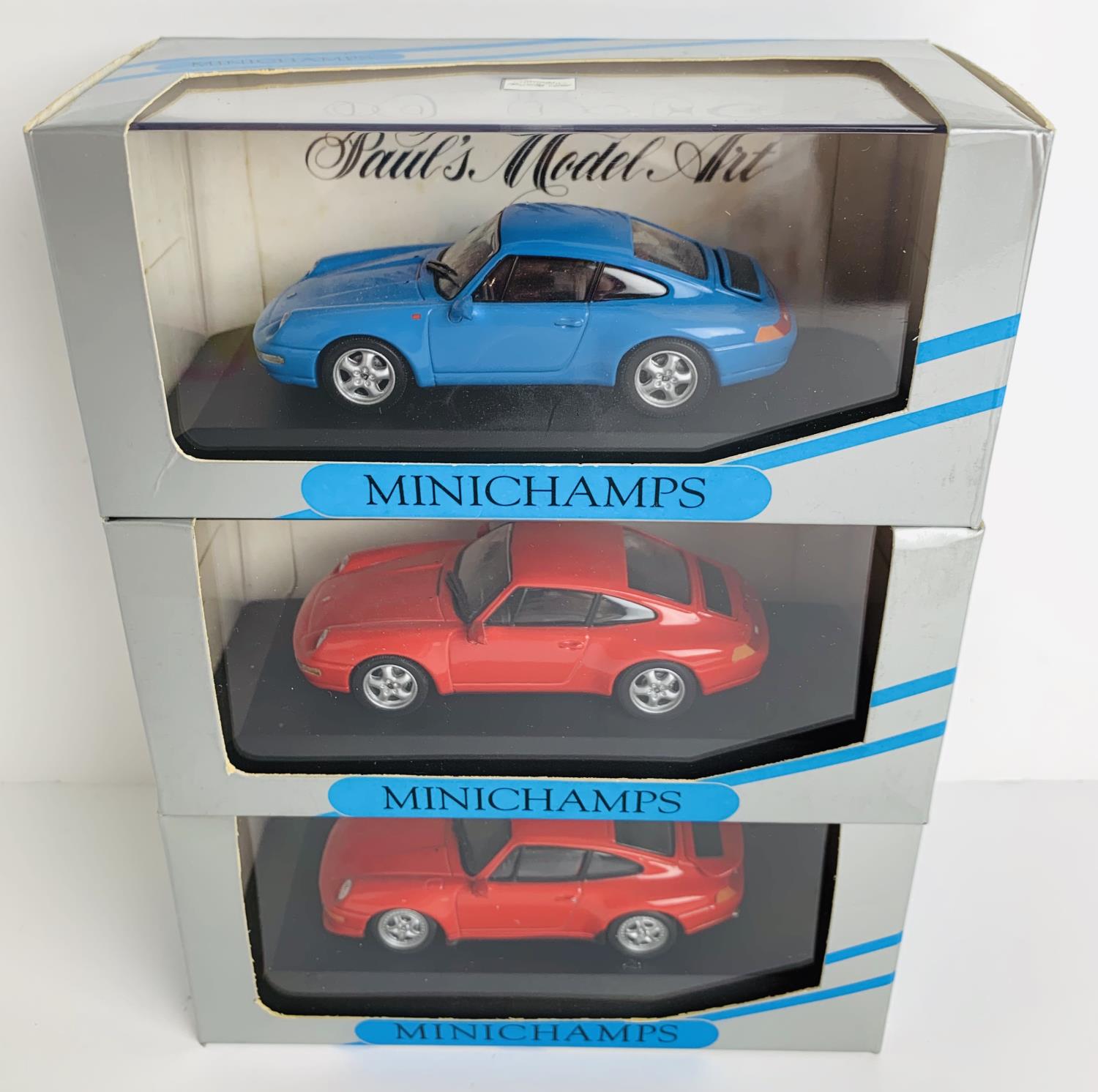 3x Minichamps 1:43 Scale Porsche 911's - To Include: 1993 Porsche 911 Coupe in Blue, Red, 1995