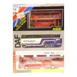 Three diecast passenger vehicles, Solido London bus, Tekno DAF coach and Joal Compact coach. P&P