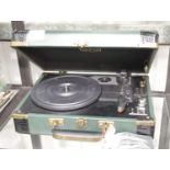 Green GPO Ambassador briefcase 3 speed record player USB recorder; built in twin stereo speakers;