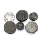 Four ancient Greek coins, a pierced hammered coin and a seal. P&P Group 1 (£14+VAT for the first lot