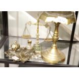 Antique brass smokers stand with inbuilt candlestick, set of brass scales and a brass trivet. P&P