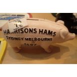 Cast iron pig moneybox, unscrew to open, H: 9 cm. P&P Group 2 (£18+VAT for the first lot and £3+