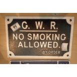 Cast iron GWR No Smoking sign, L: 30 cm. P&P Group 2 (£18+VAT for the first lot and £3+VAT for