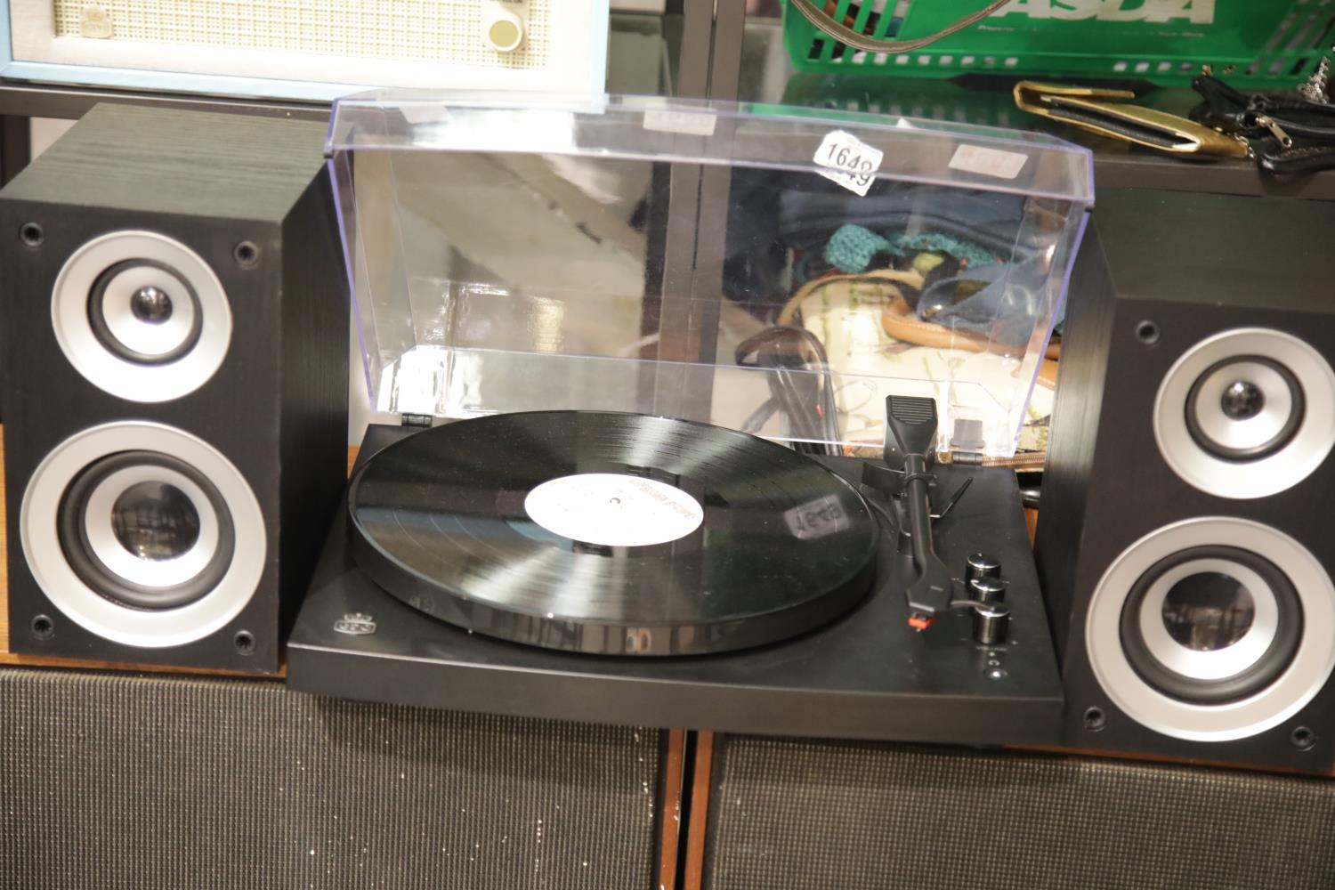 GPO Piccadilly Retro 3-speed turntable with perspex lid and external speakers; bluetooth receiver,